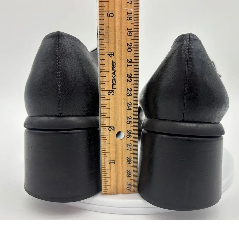 VINTAGE BLACK MARY‎ JANE Leather Shoe Y2K Chunky Block Heel Womens Square Ankle
